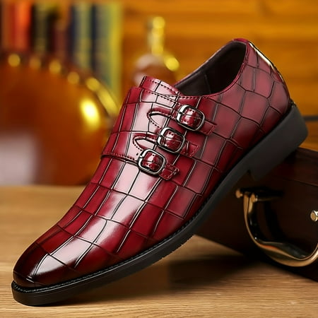 

TUOBKE Trendy Outdoor Plaid Print Slip On Buckle Smart Casual Dress Shoes