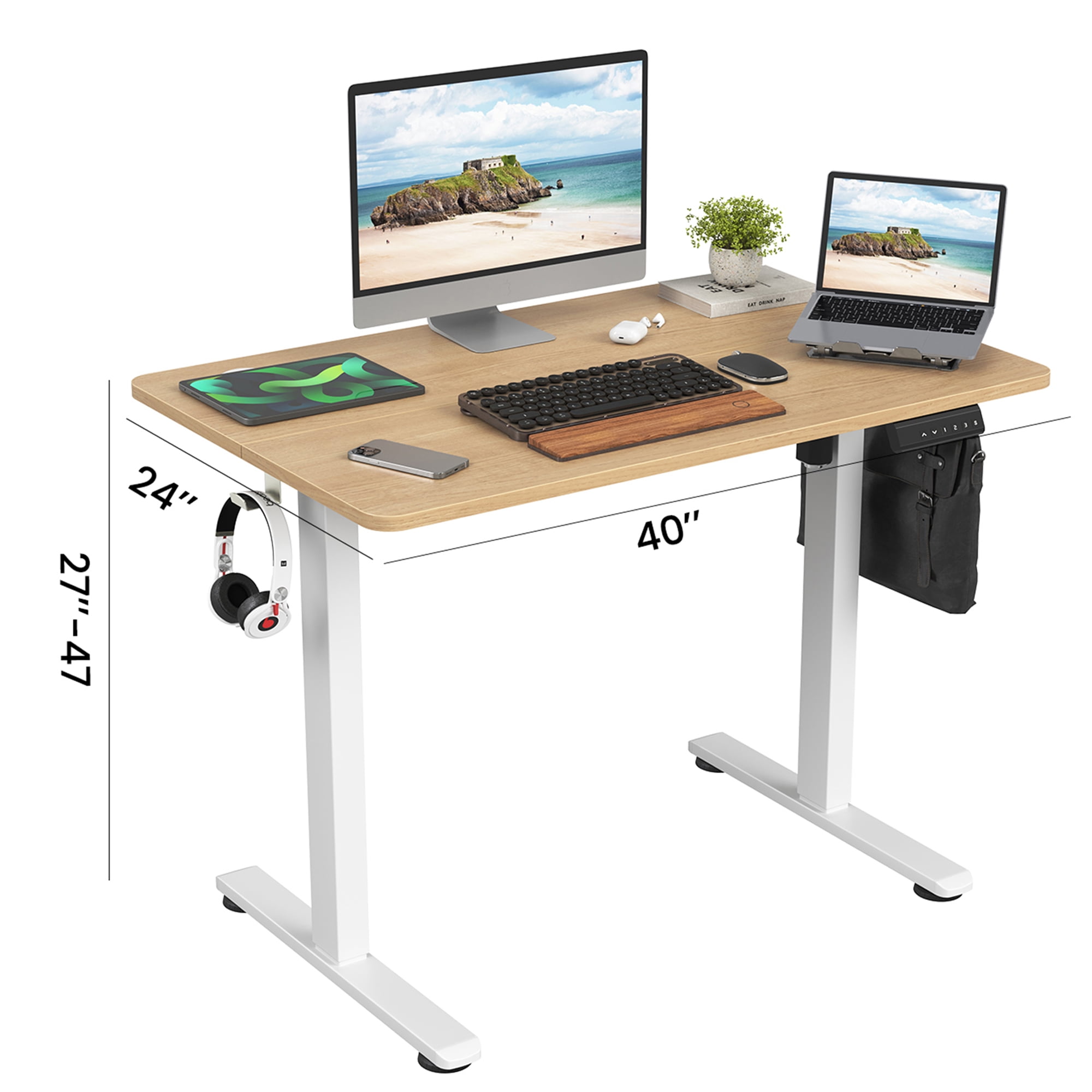 MAYEERTY 40*24" Oak Electric Standing Home Office Desk with Splice Board, Adjustable Height Sit-Stand Desk