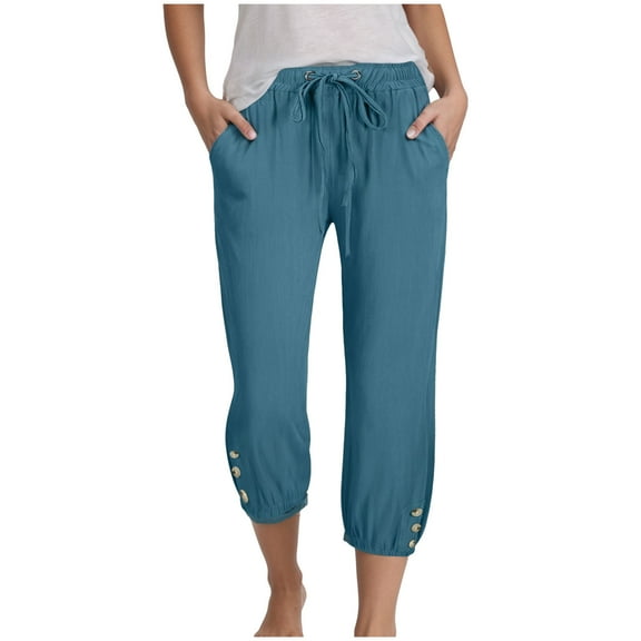 vigerkar Women's Cropped Capri Pants Elastic Waist Drawstring Yoga Pant Lounge Baggy Trousers Capris Pants with Pockets Blue, XL