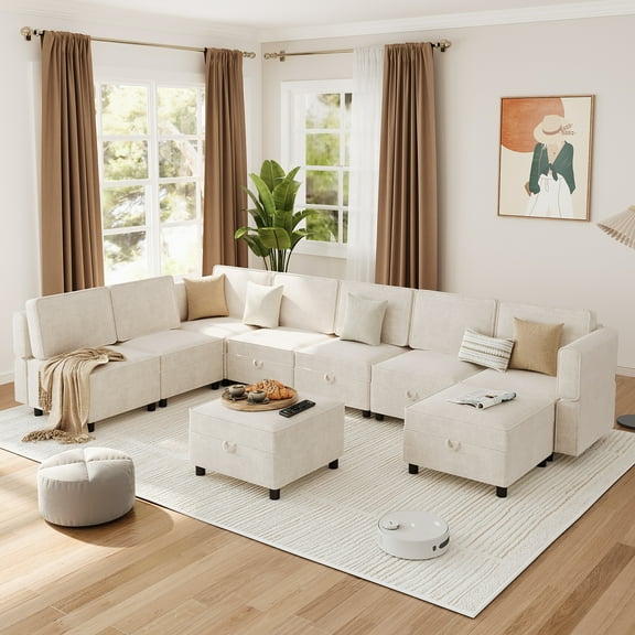 Modular Sectional 9-Seat Sofa, Sectional Sleeper Sofa with Storage Oversized 9 Seat Modular Sofa Bed L Shaped Sectional Couch with Removable Storage Ottoman, Convertible Sleeper Sofa Suitable