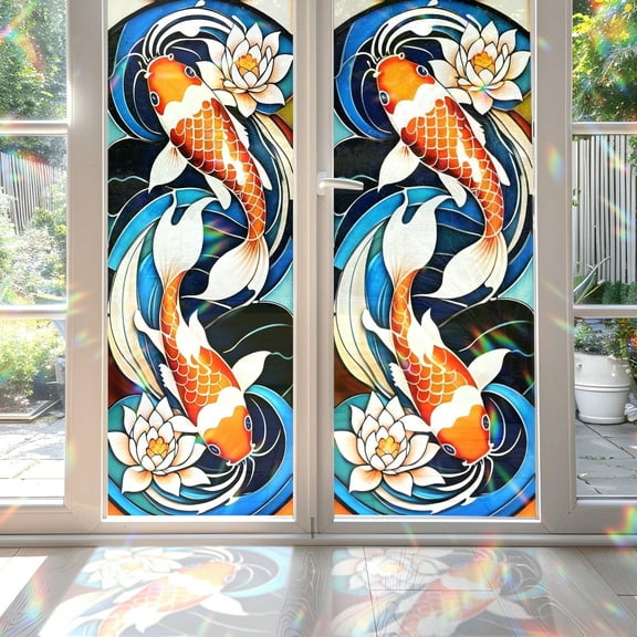 89Bloom 17.7 x39.4 Inches Decorative Koi Fish Stained Glass Window Film, Window Film for Glass Door Heat Control Anti UV