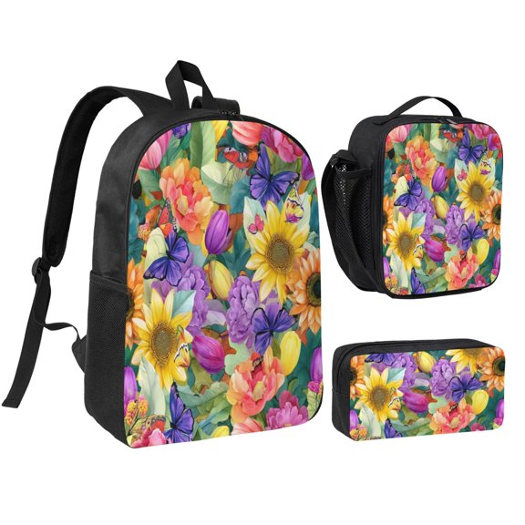 Luxurious Floral Pattern Backpack 17 Inch Set with Lunch Bag and CaseDurableTravel Bag Combo for Work Commuting Daily Use