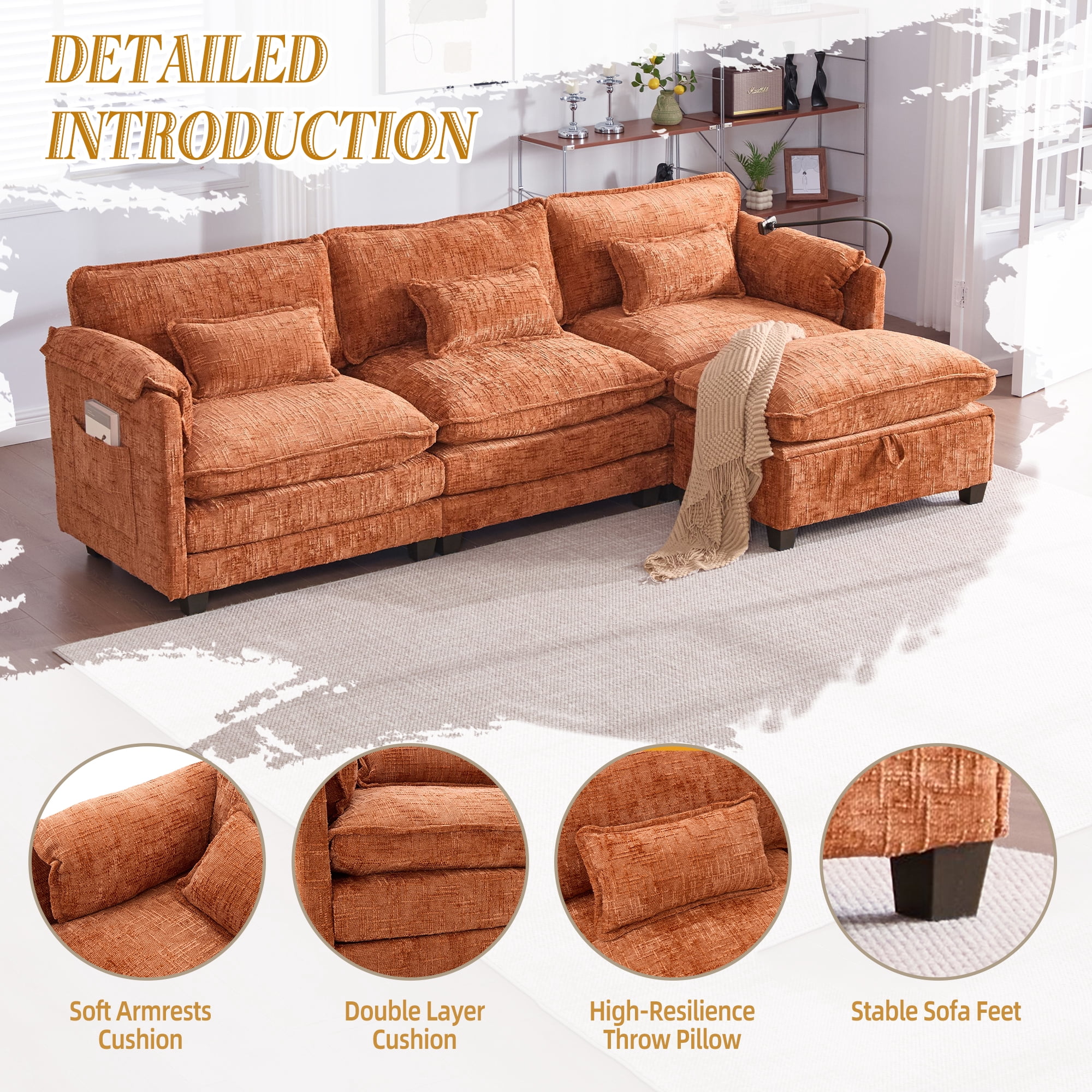 MOONMISS Chenille Upholstered L-shaped Modular Sectional Sleeper Sofa with Movable Storage Ottoman,USB&TYPE-C-Orange