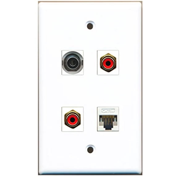 RiteAV - 2 Port RCA Red 1 Port 3.5mm 1 Port Cat5e Ethernet White Wall Plate