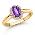thumbnail image 2 of Gem Stone King 10K Yellow Gold Purple Amethyst and White Lab Grown Diamond Halo Engagement Ring for Women (0.88 Cttw, Gemstone February Birthstone, Oval Checkerboard 7X5MM, Size 5), 2 of 4
