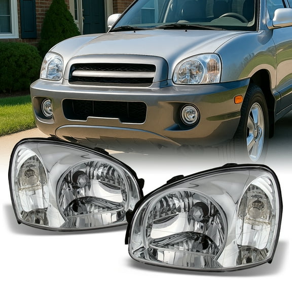 AKKON - Fits Hyundai Santa Fe OE Replacement Chrome Housing Headlights Head Lamps - Pair Set