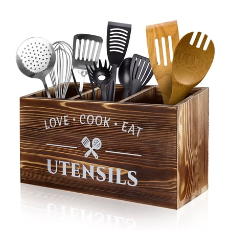 Utensil Holder with 3 Compartments, Rustic Utensil Caddy Wood Utensil Crocks for Kitchen Counter, Farmhouse Flatware Utensil Organizer Storage Box for Silverware Fork Spoon Spatula - Brown