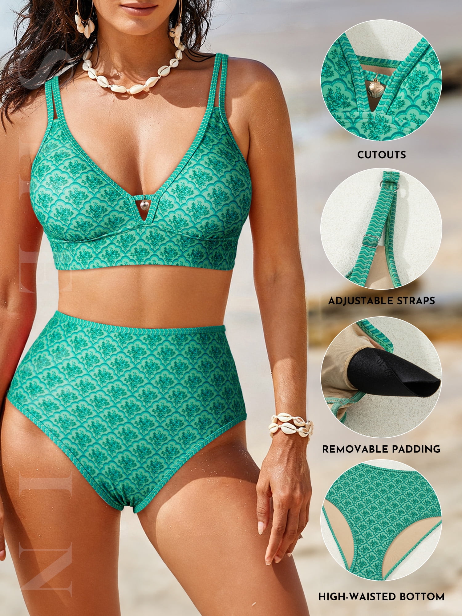 SHEWIN Womens Swimsuits Sets Bikinis Sets 2 Piece Tummy Control Bathing Suits High Waisted Swimwear Floral Swimming Suits Push Up Beach Vacation Outfits Green Floral XL