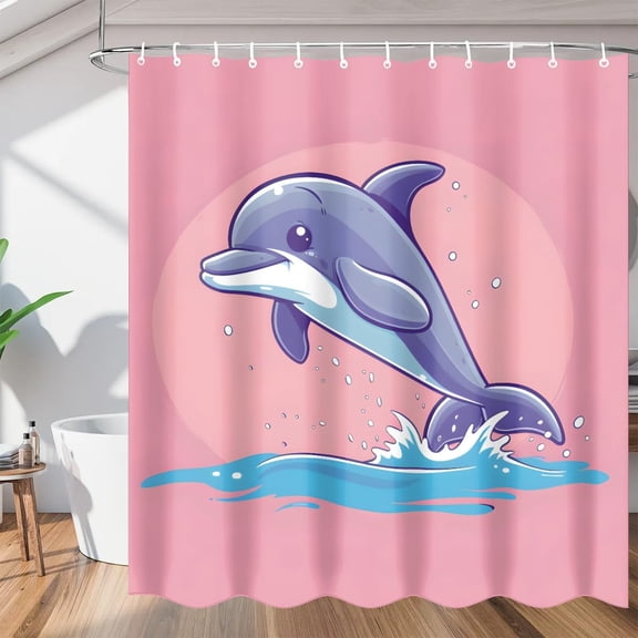 Blue Dolphin Shower Curtain Sets, Washable Polyester Fabric, Ocean Bath Curtain for Bathroom Decor with Hooks 36"W x 72"H