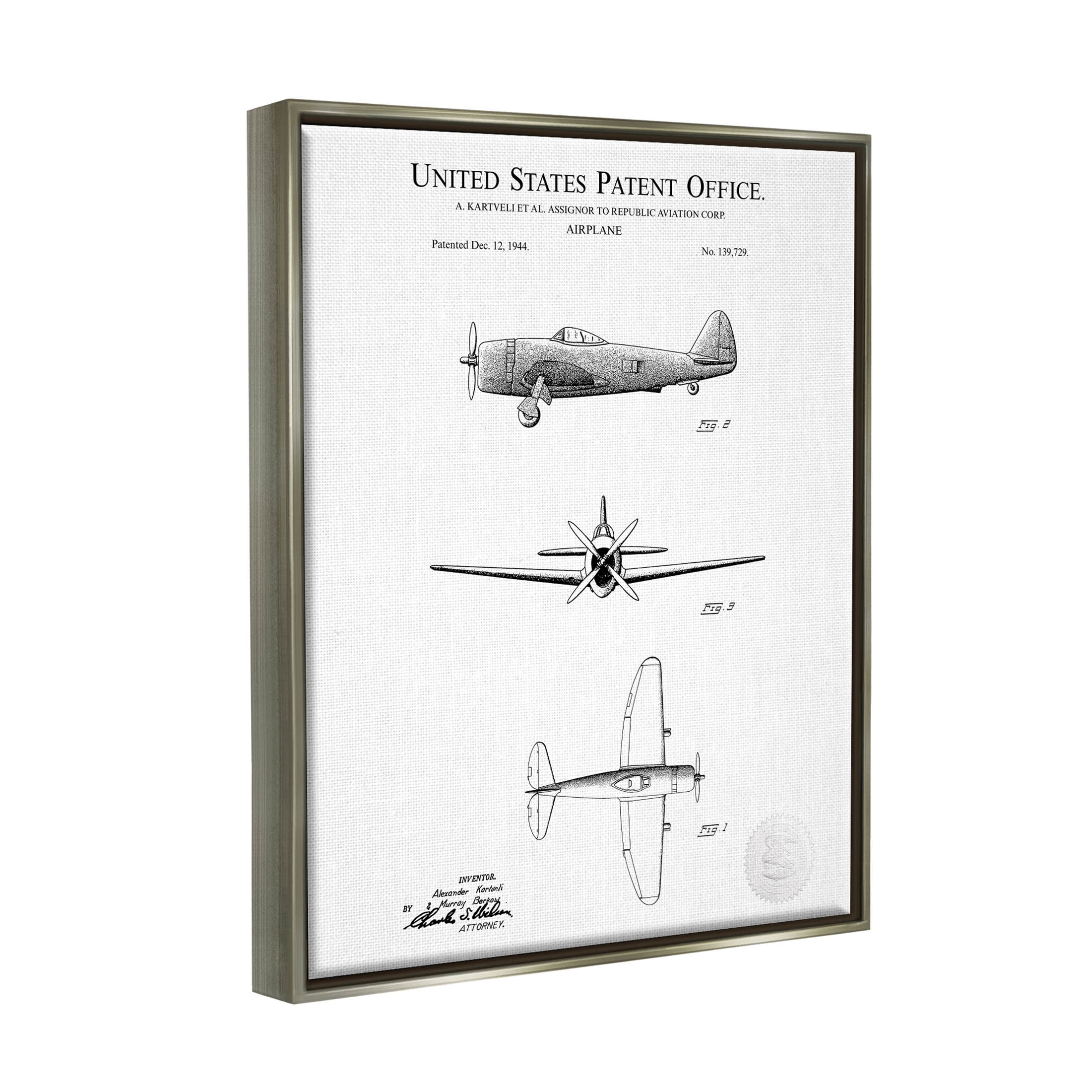 Stupell Industries Detailed Patent US Airplane Graphic Art Luster Gray Floating Framed Canvas Print Wall Art, Design by Karl Hronek