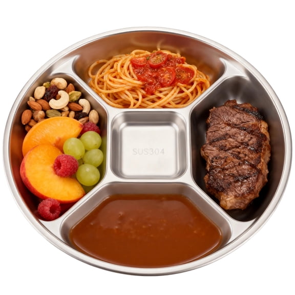 304 Stainless Steel Divided Plate, 8.9" Five-Compartment Serving Dish, Multipurpose Food Prep Tray, Practical Portion Control Plate, Stackable and Easy to Clean Design