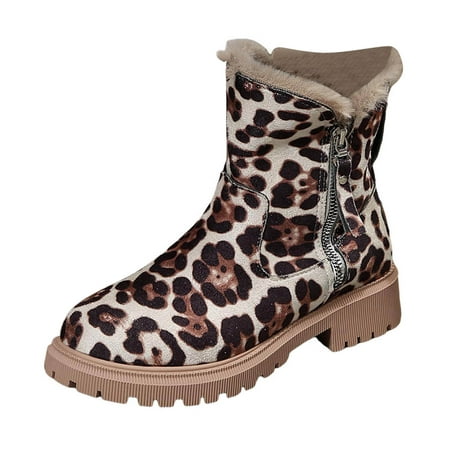 

Women S Snow Boots Fashion Leopard Print Suede Winter Plush Insulation Side Zipper Thick Heeled Boots