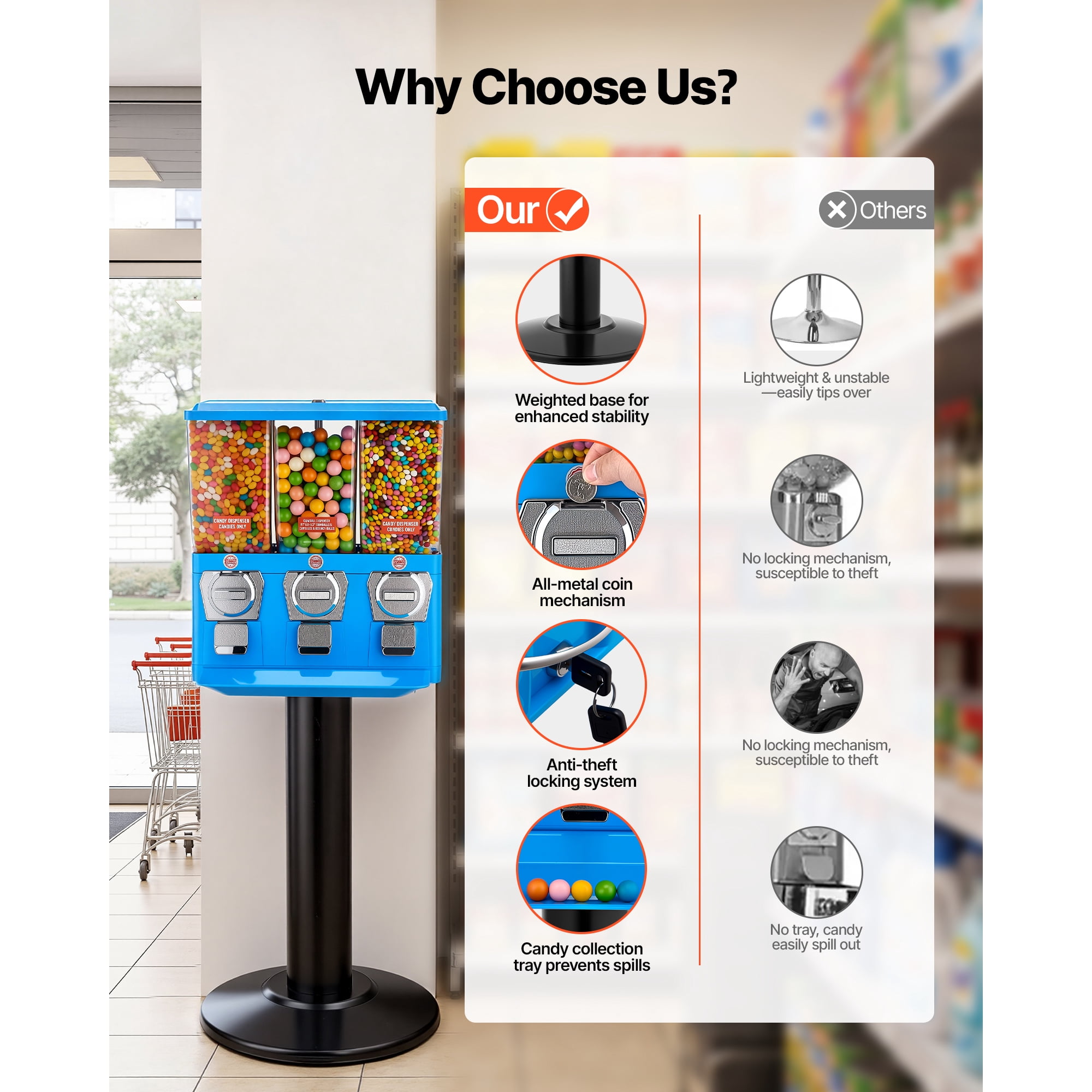 KFFKFF Triple Compartment Candy Vending Machine with Stand, Gumball and Candy Dispenser with Built-In Cash Box, Removable Design, Classic Candy Dispenser for Stores and Arcades