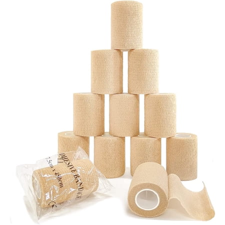Self Adhesive Bandage Wrap(12 Pack, 3 Inch x 5 Yards), First Aid Medical Cohesive Tape, Breathable Elastic Sports Athletic Tape Wrap for Ankle, Wrist, Knee, Foot Sprains & Swelling(Tan)