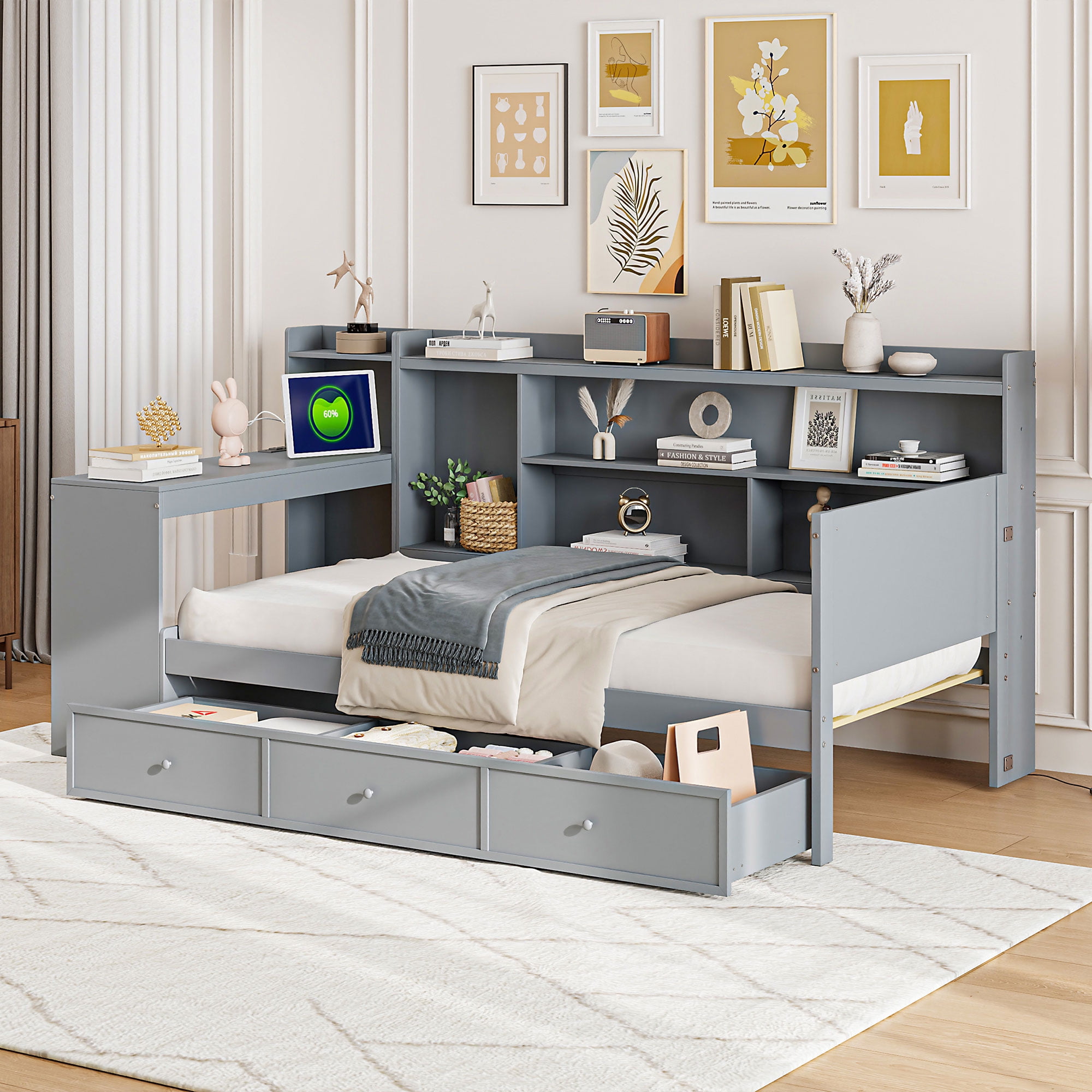 Mintazer Twin Platform Bed with Desk & Charging Ports, Wooden Bed Frame with Storage Shelves & 3 Drawers for Bedroom Playroom Guest Room, Grey