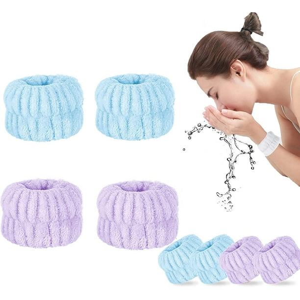 4 muñequeras para lavado de cara para maquillaje, yoga, deportes, ducha, diadema facial, spa, muñequeras elásticas para mujeres y niñas, evita que el líquido se derrame en los brazos (Violeta Azul) Rojo Verde