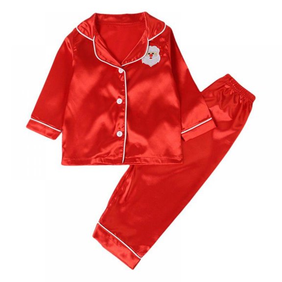 2-8T Boys Girls Button Down Pajamas Kids Santa Claus Pattern Long Sleeve Top Long Pant Sleepwear