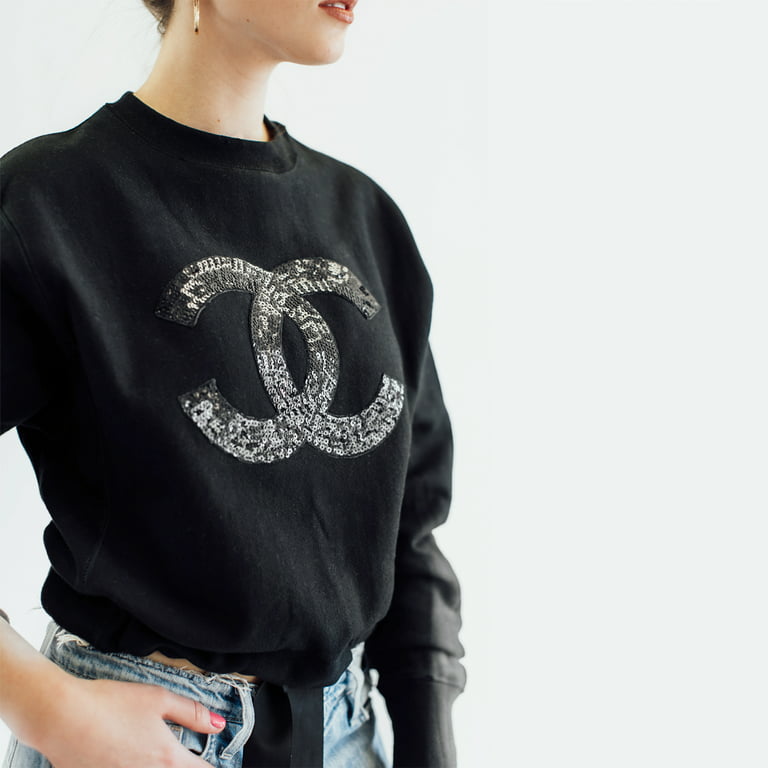 Cropped Champion Sweatshirt with Chanel Sequin Patchwork and Drawstring Hem  with Bow