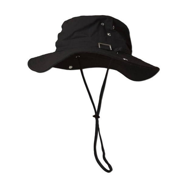 Fishing Draw String Boonie Hat With Top Side Buckle for ID, Black Small/Medium  
