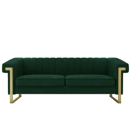 Newboti Furniture P81-RG2 RETRO GREEN SOFA Modern Cream Velvet Sofa with Gold Accents - Sleek Channel-Tufted Upholstery, 3-Seat Couch for Living Room and Office Decor 14776