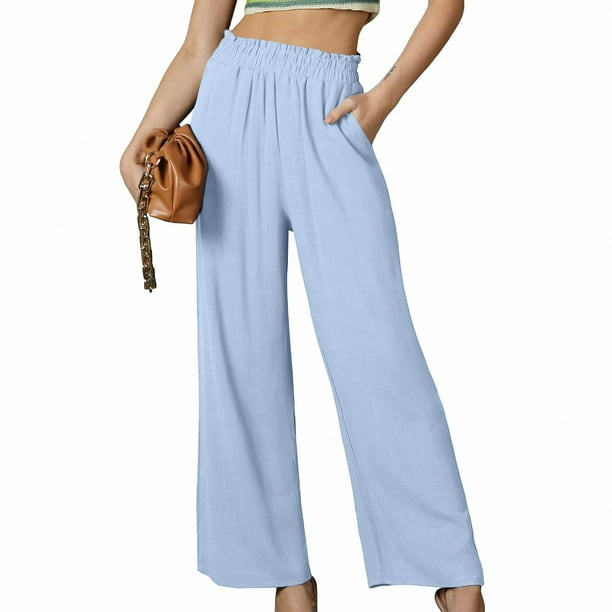 Cotton Linen Wide Leg Pants for Women Elastic High Waisted Palazzo Pants  Solid Color Casual Loose Pants with Pockets 