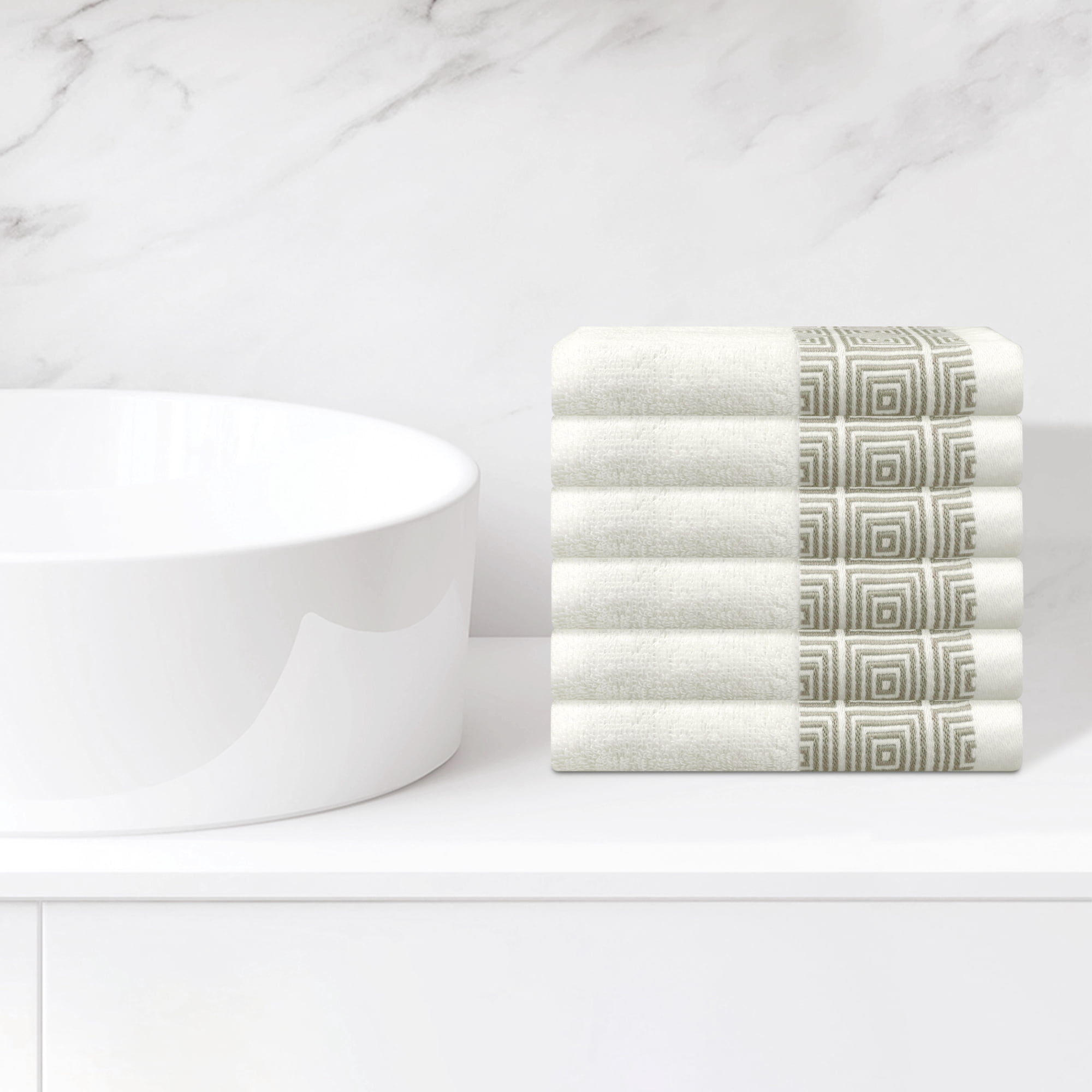 Unique Bargains Geometric Washcloths Set Cotton Bath Towels Low Lint White 6