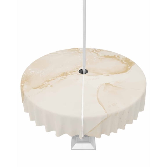 Hokiten Outdoor Tablecloths with Umbrella Hole & Zipper, Marble Beige Round Tablecloth 54 Inch, Modern Abstract Ink Painting Luxury Waterproof Table Cloth, Patio/Pool/Picnic Table Covers