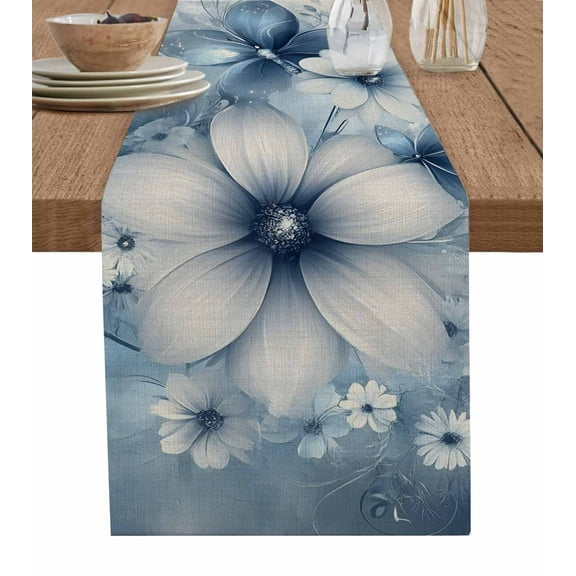 Boanket Blue White Daisy Table Runner - 72 Inch Long, Kitchen Dining Table Runner Dresser Scarves, Vintage Elegant Butterfly Flowers Farmhouse Decor for Coffee Tables Wedding Party Banquet