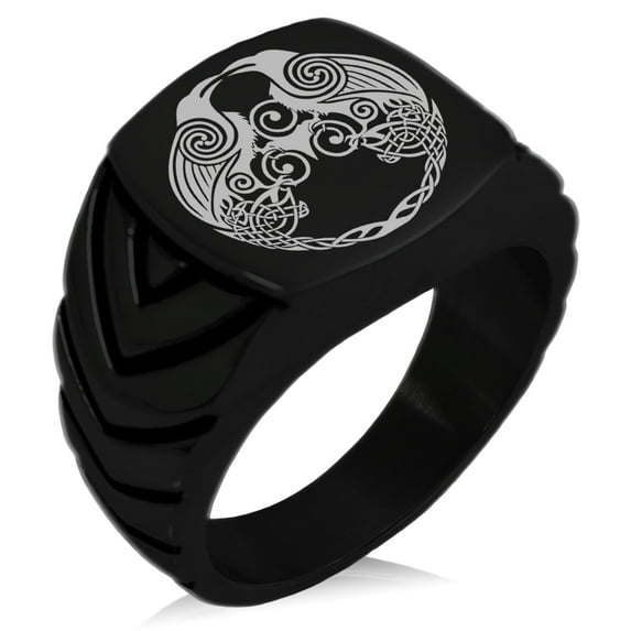 Stainless Steel Yggdrasil Huginn & Muninn Odin's Ravens Chevron Pattern Biker Style Polished Ring