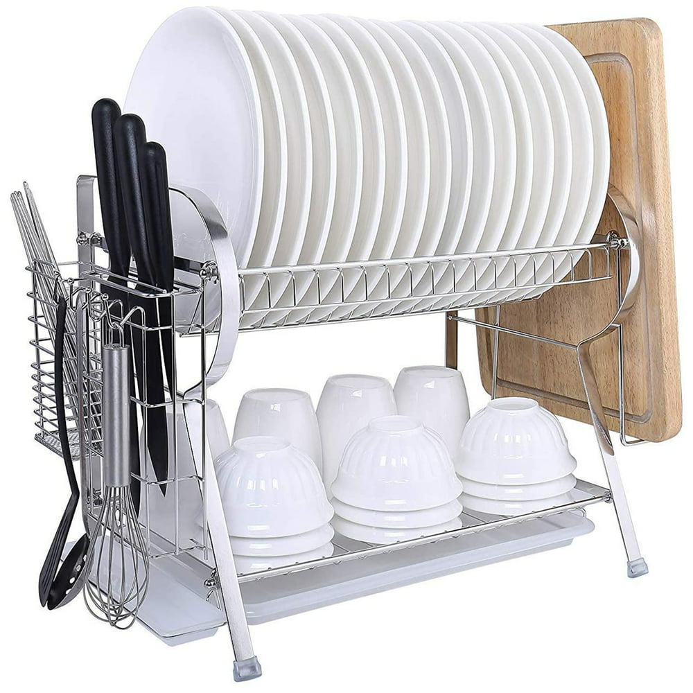 2 Tier 304 Stainless Steel Dish Drainer Rack, Wall Mounted Kitchen Dish 304 Stainless Steel Dish Drying Rack