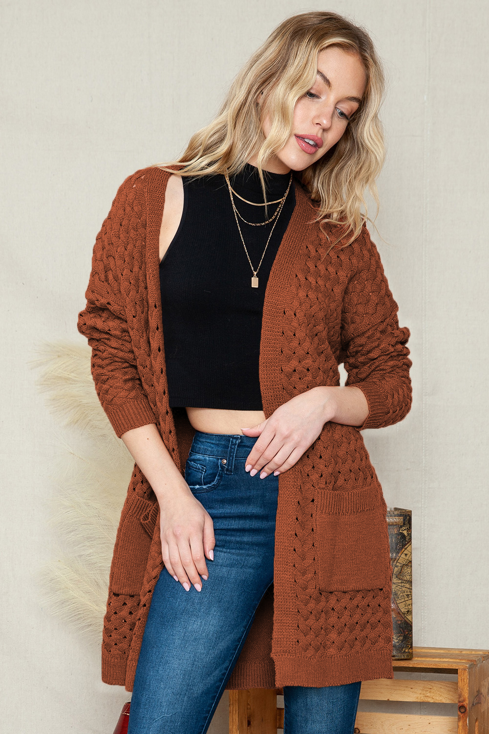 SHEWIN Women's Oversized Cardigan with Pockets, Long Sleeve photo 4
