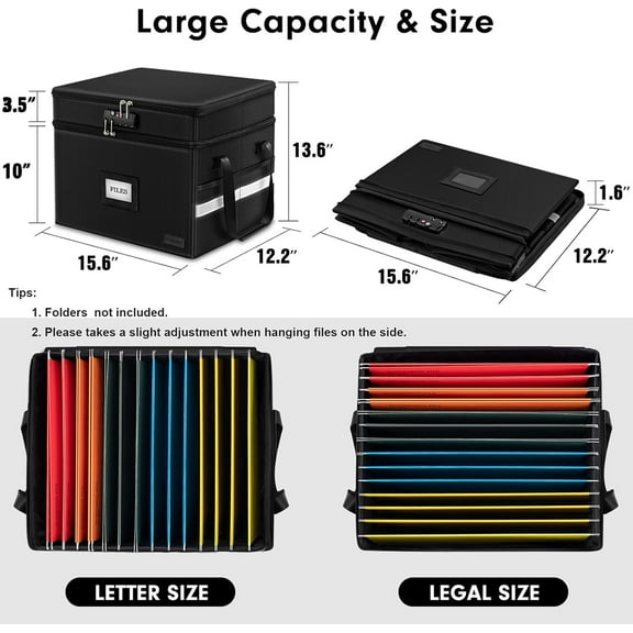 Fireproof Document Box with Lock, 2 Layer File Cabinet Organizer with 5 Tab Inserts, Portable Office Collapsible File Storage with Reflective Strip for Hanging Letter, Legal Size Folder