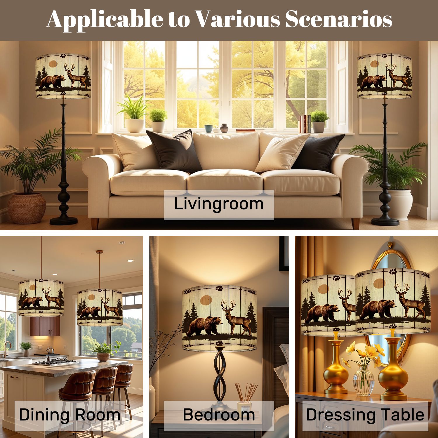 Lampshades 2 Pack Farmhouse Bear Deer Wooden Bathroom Decor Brown Grizzly Bear Majestic 13"x13"x10" Light Shade for Table Lamps Floor Lamps Drum Lamp Shades Lampshade Replacement Easy Assembly