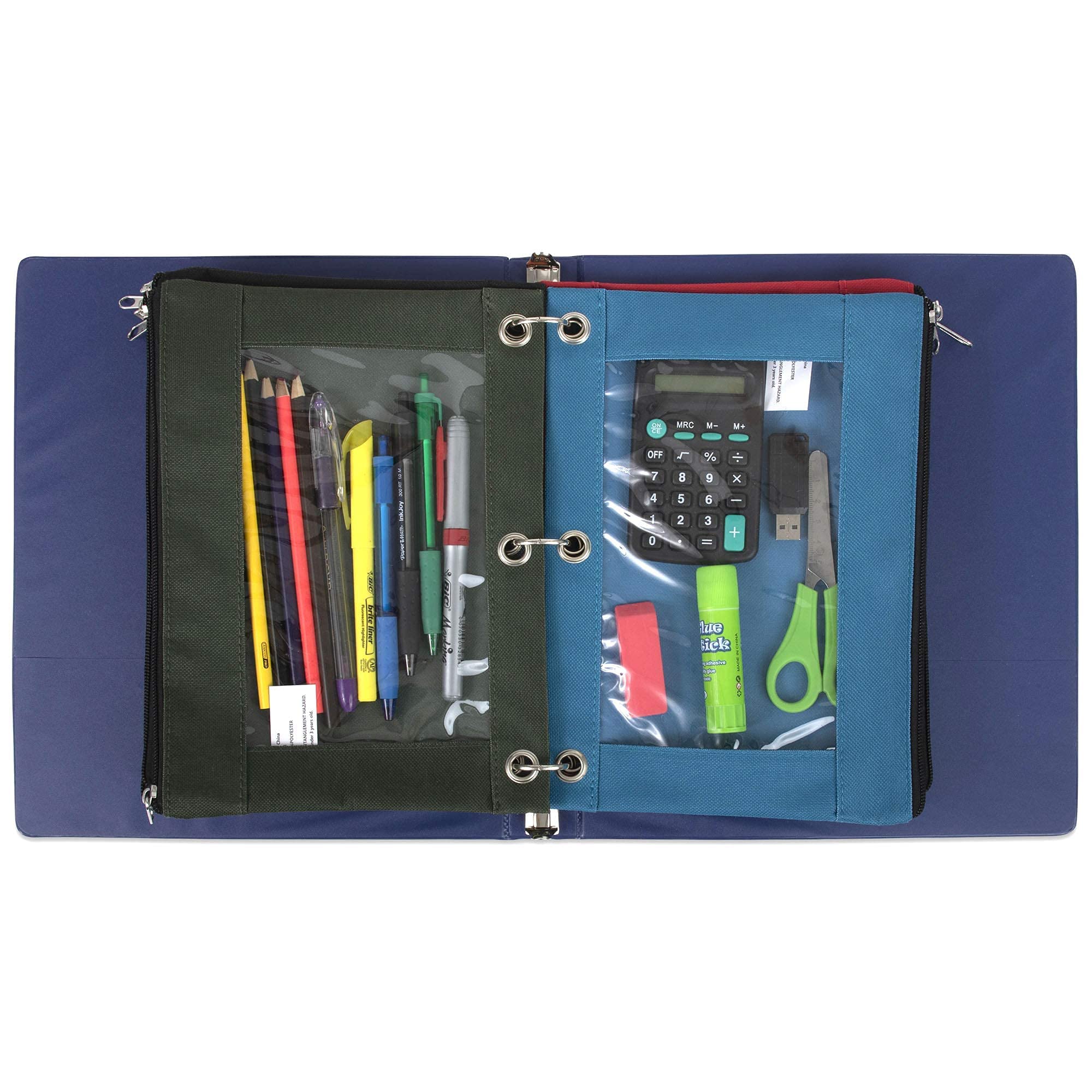 100 Pack of Bulk Wholesale 3 Ring Binder Clear Window Zippered Pencil Cases for Pens, Pencils, Markers, Scissors, Sharpeners, Erasers & More in 8 Assorted Colors