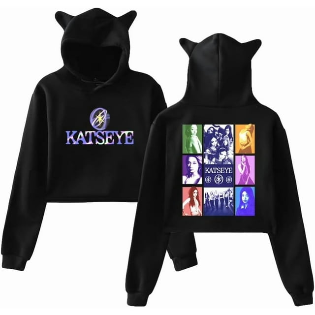 Katseye Merch Chandail à Capuchon Oreilles de Chat Sweat à Capuche Manches Longues Crop Tops pour Femmes Vêtements