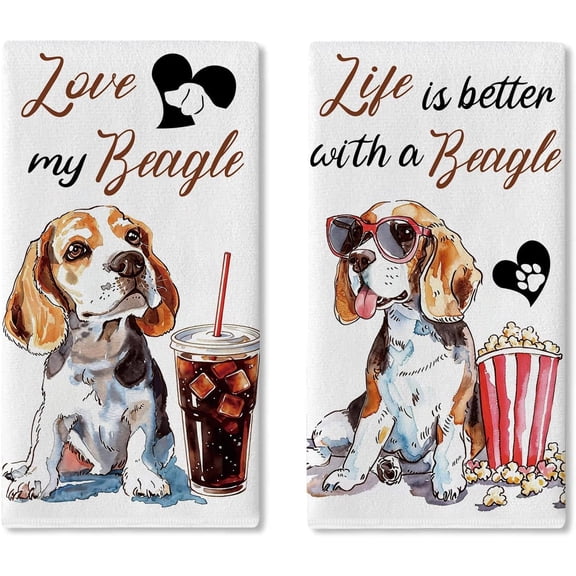 Life is Better with a Beagle Dog Kitchen Dish Towels Set of 2, Funny Cola Popcorn Drying Hand Towel Baking Cooking Cloth, Love Hearts Home Decoration Pet Dog Owner Lover Gifts 18'' x 26''