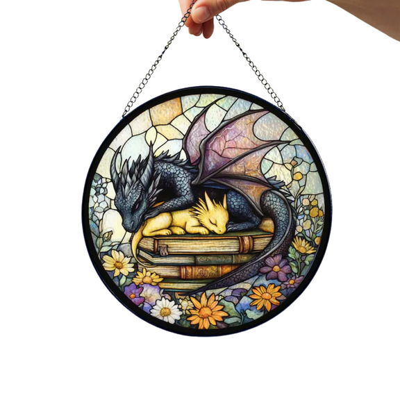 Fantasy Dragon Stained Glass Suncatcher, Window Hanging Book Lover Decor