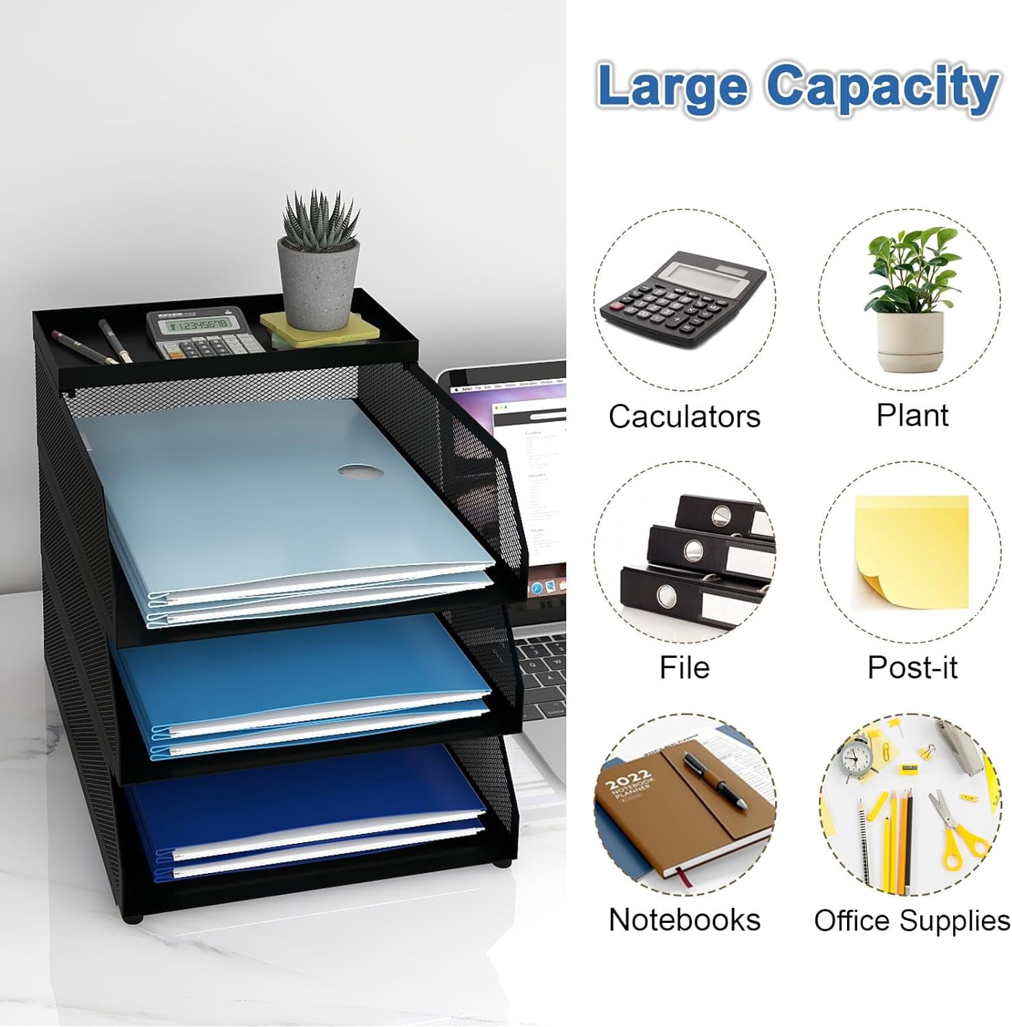 Natwind 3-Tier Stackable Paper Tray, Metal Mesh Desktop Organizer, Paper Sorter, Letter Trays,File Document Storage Rack for for Home, Office(Black)