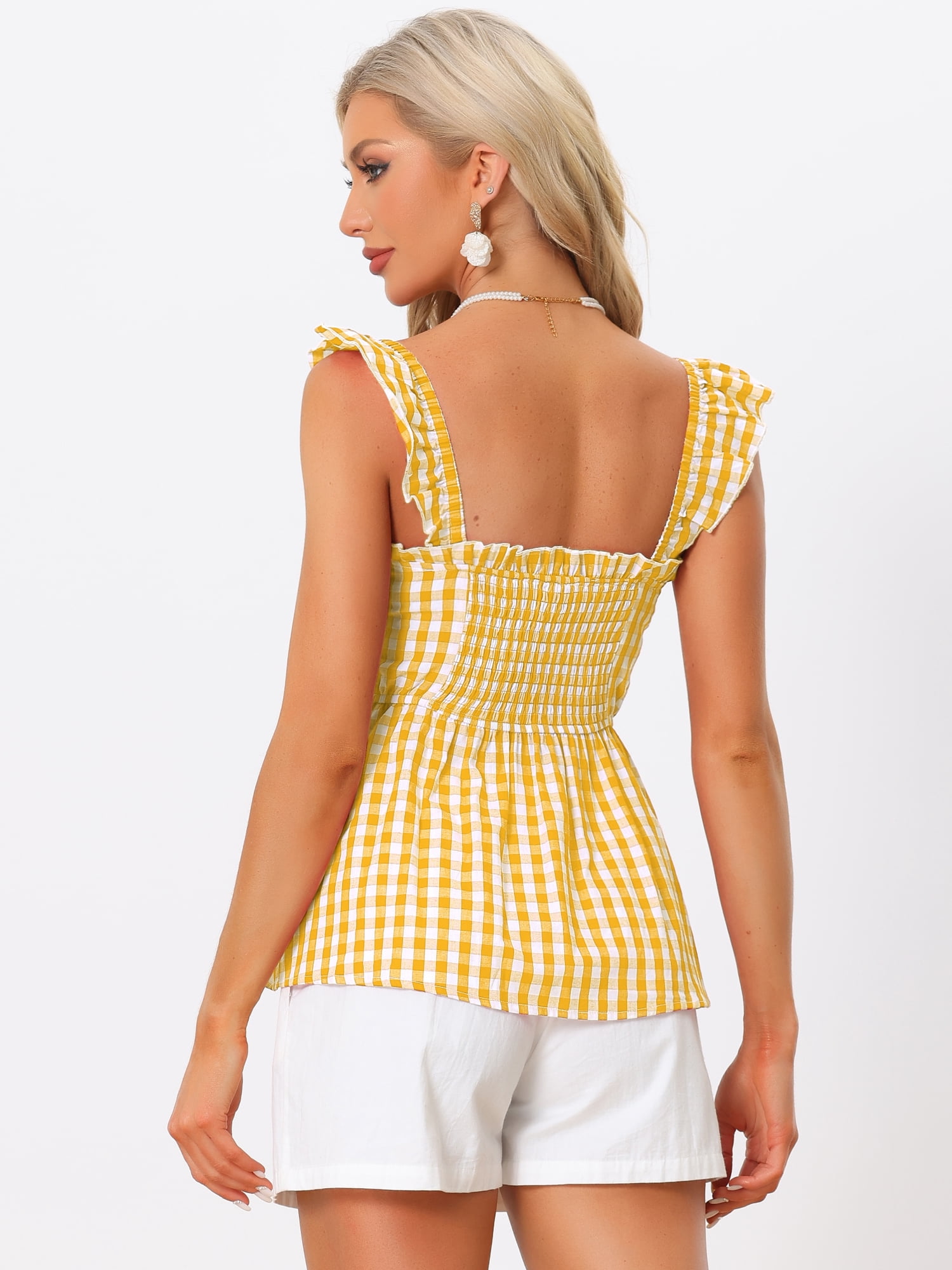 DARING DIVA Women's Gingham Peplum Square Neck Sleeveless Plaid Blouse XS Yellow