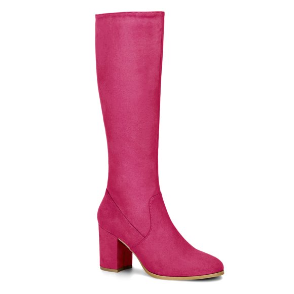 BLISSFUL STEP Women's Knee High Boots Side Zipper Faux Suede Block Chunky Heels Hot Pink 9