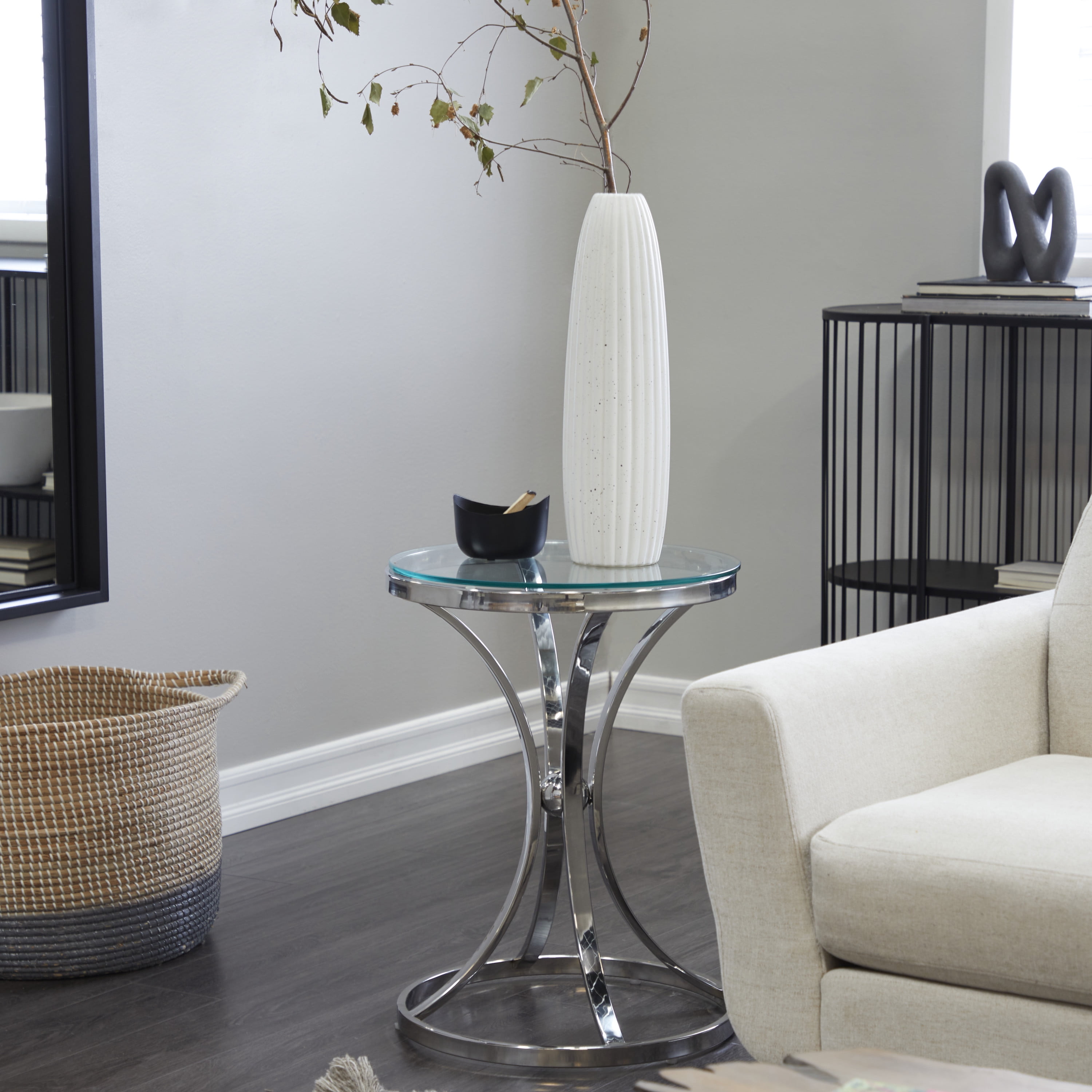 DecMode 18" x 25" Silver Stainless Steel Hourglass Shaped Stand Accent Table with Clear Glass Top, 1-Piece