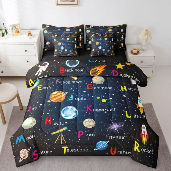 Homewish Starry Sky 7-Piece Twin Bedding Sets For Preppy Children Kids,Universe Galaxy Bedding Comforter Set,Cosmos Planet Breathable Sheet Sets,Breathable Home Decor,Reversible
