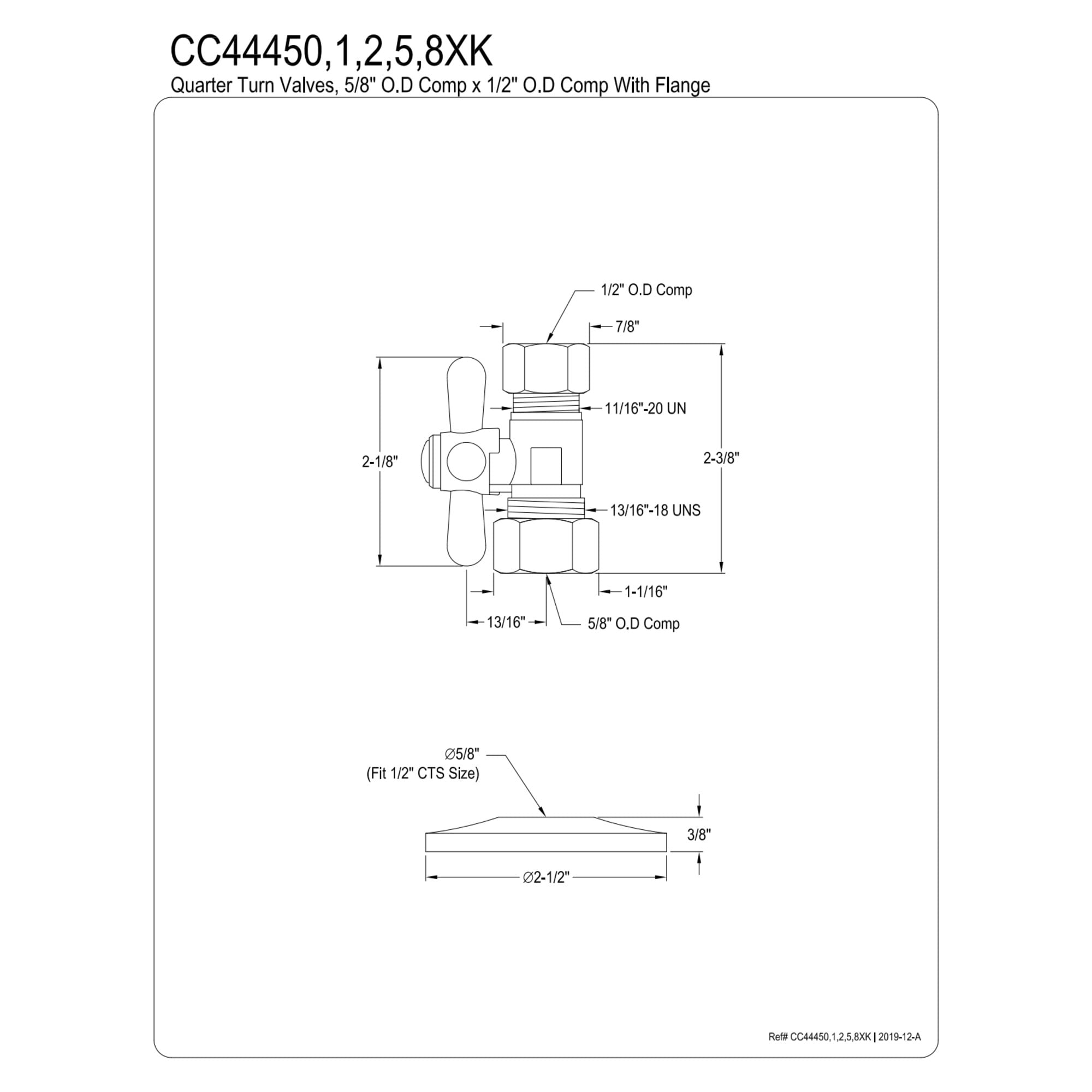 Kingston Brass CC44458XK 5/8-Inch O.D. Comp x 1/2-Inch O.D. Comp Quarter-Turn Straight Shut-Off Valve with Flange in Brushed Nickel
