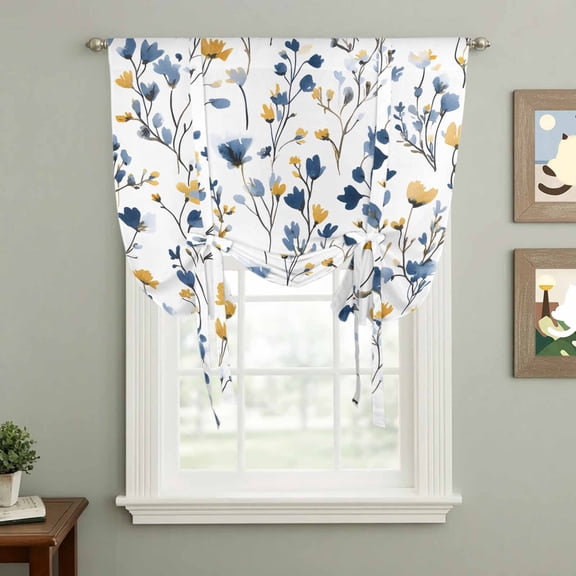 Spring Floral Tie Up Curtain 63 Inches Long, Watercolor Dark Blue Yellow Wildflower Leaves Balloon Style Kitchen Window Curtain Over Sink, Small Window Rod Pocket Curtain 46"x63"