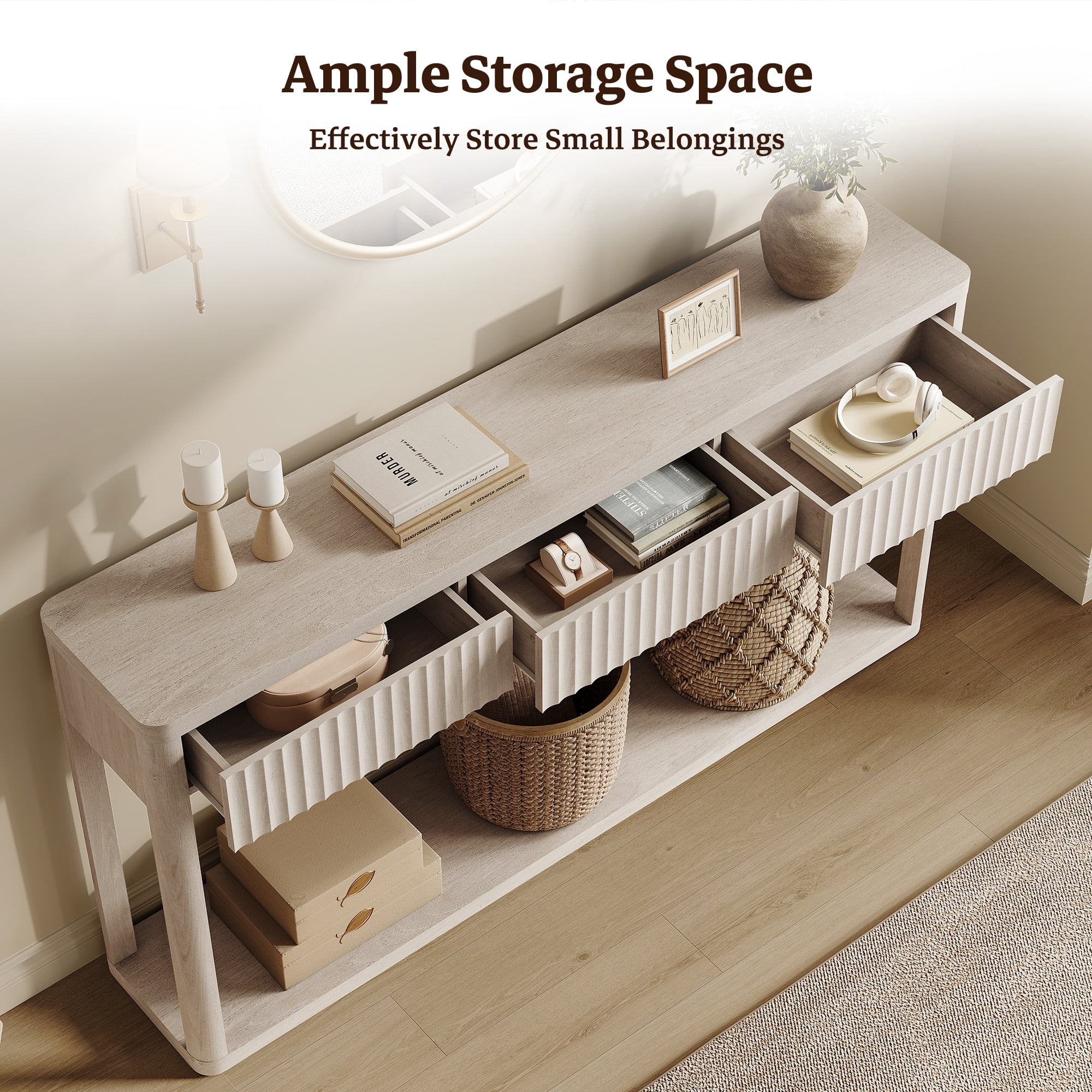 SICOTAS 61 inch Long Console Table Set of 2 with 3 Large Drawers, Modern Fluted Sofa Table Behind Couch with Open Storage Shelf, Entryway Table for Living Room, Hallway, Foyer, Light Grey Alder
