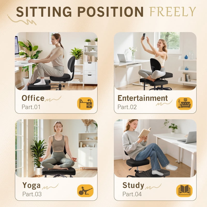 Homall Ergonomic Cross Legged Chair,361°Swivel Wheels, Height Adjustable Ergonomic Kneeling Desk Chairs for ADHD,Meditation ,Yoga and Home Office with Strong Lumbar Support,PU Leather,Black