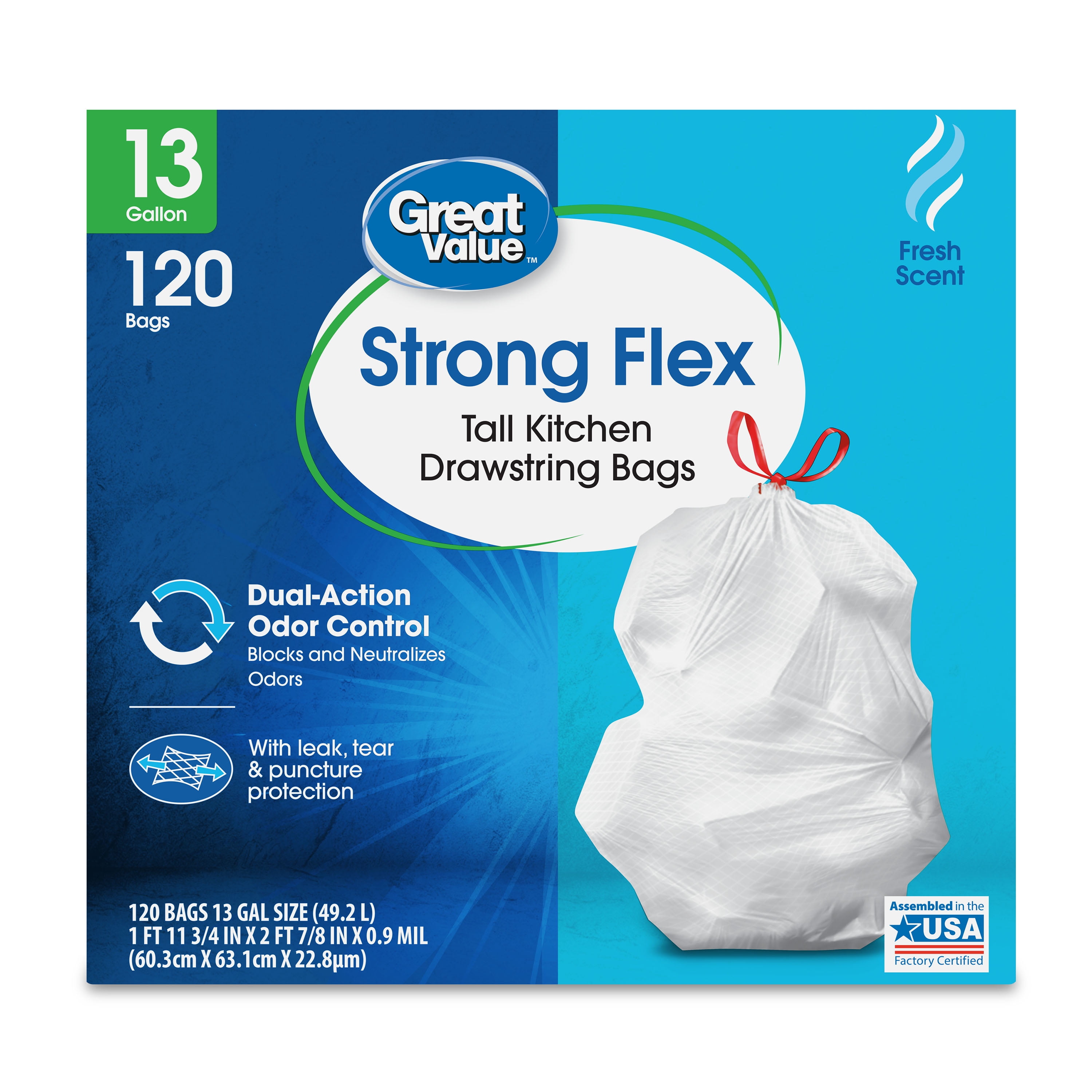Great Value Strong Flex 13-Gallon Drawstring Tall Kitchen Trash Bags, Fresh Scent, 120 Bags