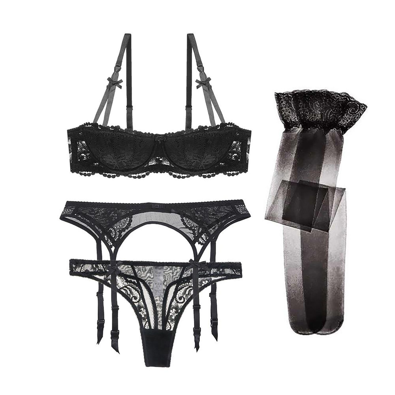 Women Push Up Cotton Bras Set Lace Lingerie Bra and Thong and Garter and Stocking 4pcs