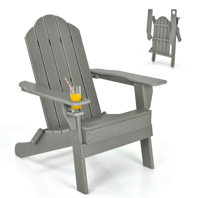 Gymax Chaise Adirondack Pliante de Patio Résistante aux Intempéries avec Porte-Gobelet pour Cour Gris