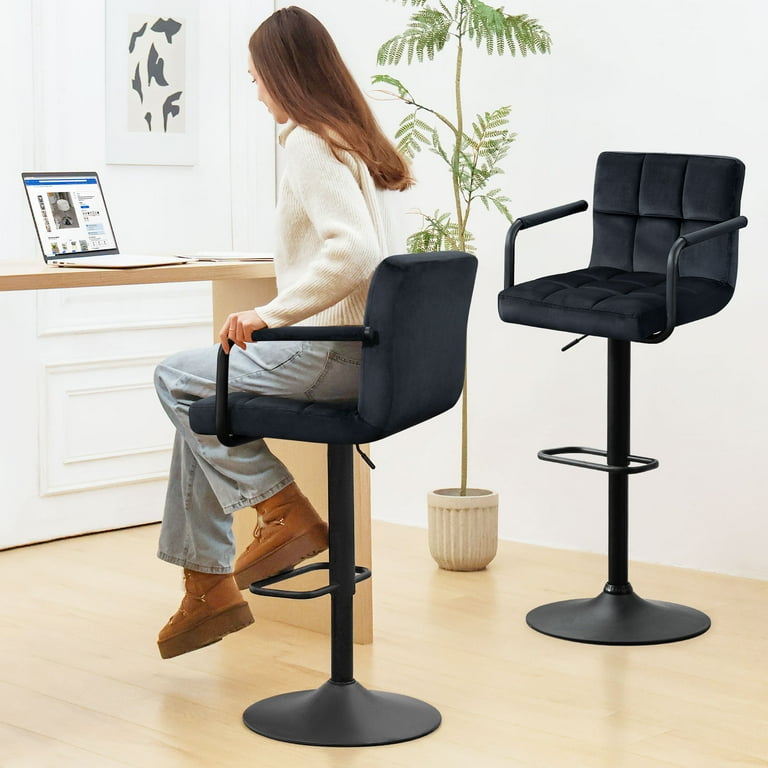 Furniliving Adjustable Bar Stools with Armrest and Footrest Low Back Velvet Kitchen Bar Stools Black Set of 2